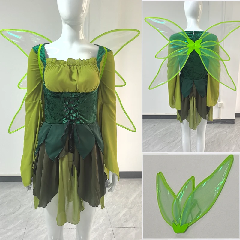 Women's Elf Medieval Green Fairy Dress Magical Elf Dress with Wings Belt Halloween Elf role-playing costume view 3