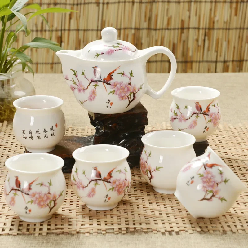 

Jingdezhen 7Pcs Tea Set Blue and White Porcelain Double Wall Cup Flower Dragon Moutain Teapot Kung fu Teaware