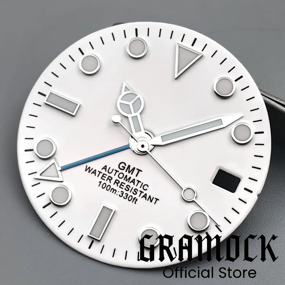 Gramock NH34 Watch Replacement Parts 29mm White Watch Dial With Ice Blue GMT Hands Luminous Silver Edge Fit NH34A NH34 Movement