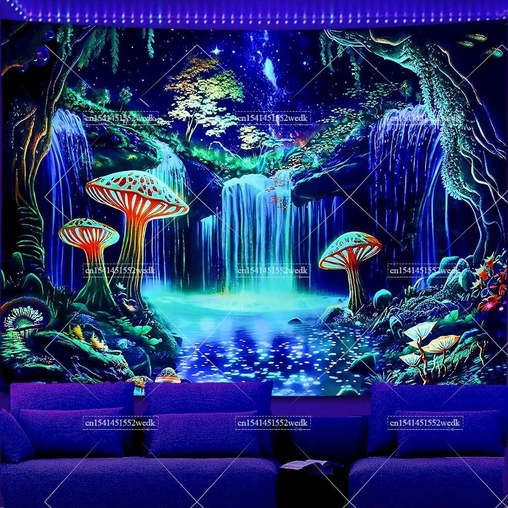 Blacklight Tapestry Forest Mushroom Glow In The Dark UV Reactive Waterfall Neon Tapestrys Aesthetic Fluorescent Tapestries