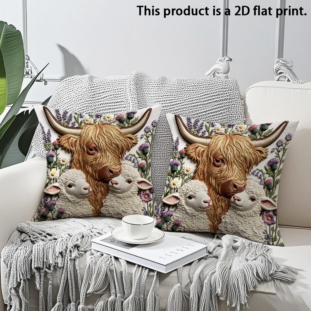 2pcs Highland Cow and Lambs Floral Throw Pillow Cover 2D Flat Print Farmhouse Soft Cushion Case for Home Sofa Decor