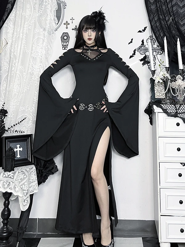 Americano retro escuro gótico traje de halloween subcultura oco alargamento manga cintura alta bodycon fenda preto longo sexy vestido feminino