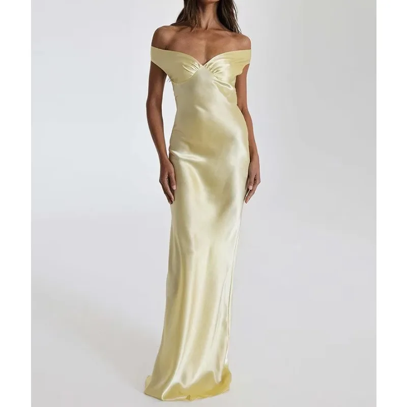 Satin Off-shoulder Backless Sexy Maxi Dress Women Gown Fashion Strapless Sleeveless High Waist Club Party Long Dresses