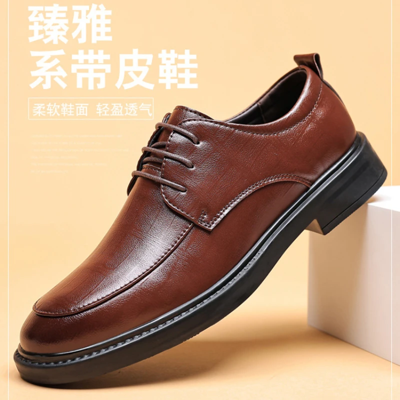 Nowe męskie buty formalne Oryginalne skórzane modne buty do sukienki Męskie włoskie buty biznesowe Biuro Ślub Jednokolorowe sznurowane buty — zdjęcie 7