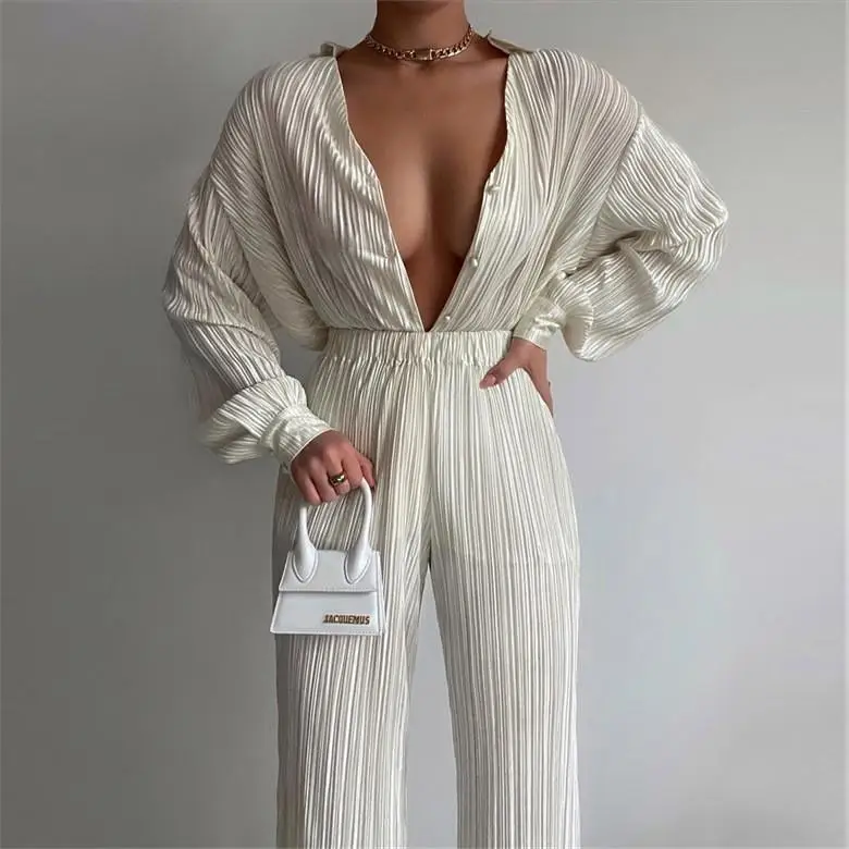 Faionable Women's Pleated Long Sve Collar irt Set Ele Casual Outfit Summer  Collection Sli Ensemble