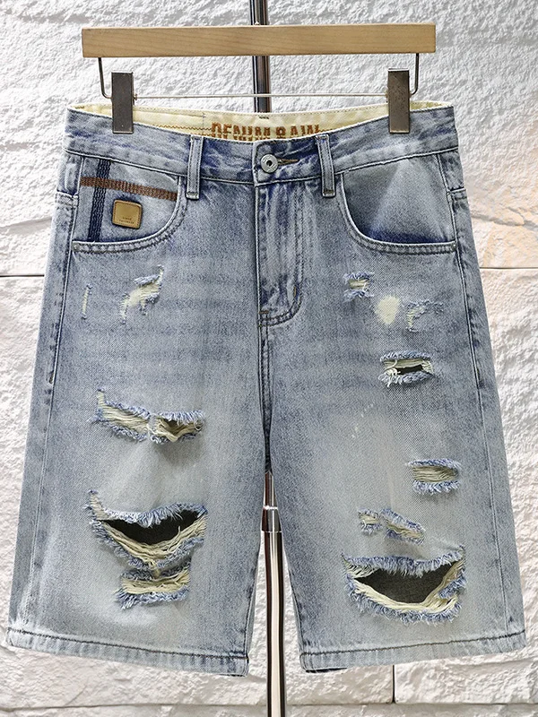 

Модные мужские джинсовые шорты с рваными элементами в стиле ретро, летние, новые, свободные, прямые, с декоративной строчкой, средней длины, от премиум-бренда