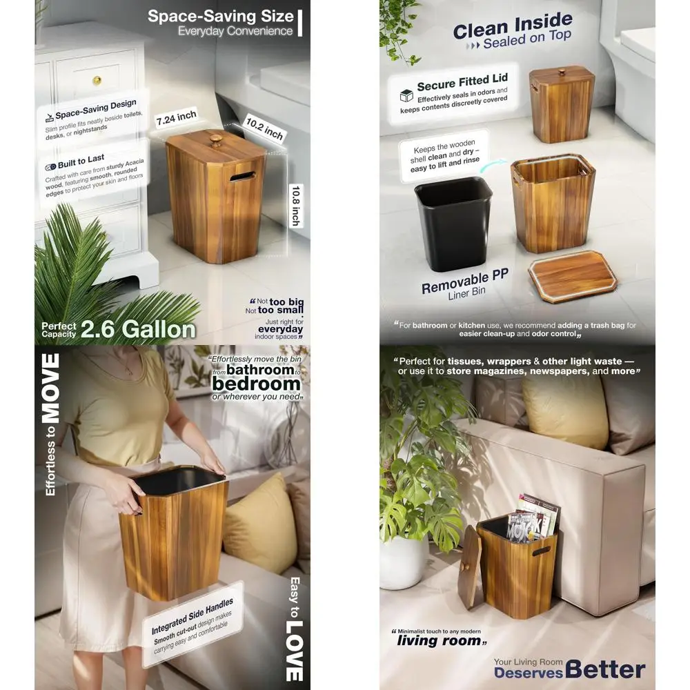 

Small Acacia Wood Wastebasket with Lid and Plastic Bin for Bathroom, Bedroom, Office - Decorative Trash Can with Handle