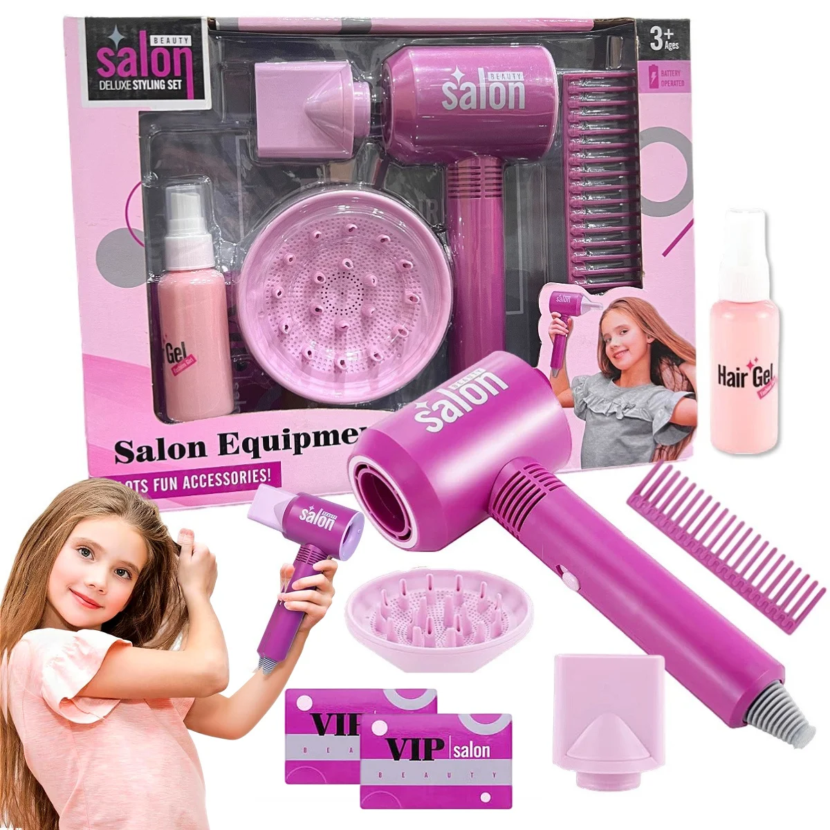 7 STKS Meisjes Kapsalon Cadeauset - Kinderen Schoonheid Speelset met Pretend Föhn & 2 Verwisselbare Nozzles, verjaardag Kerstmis