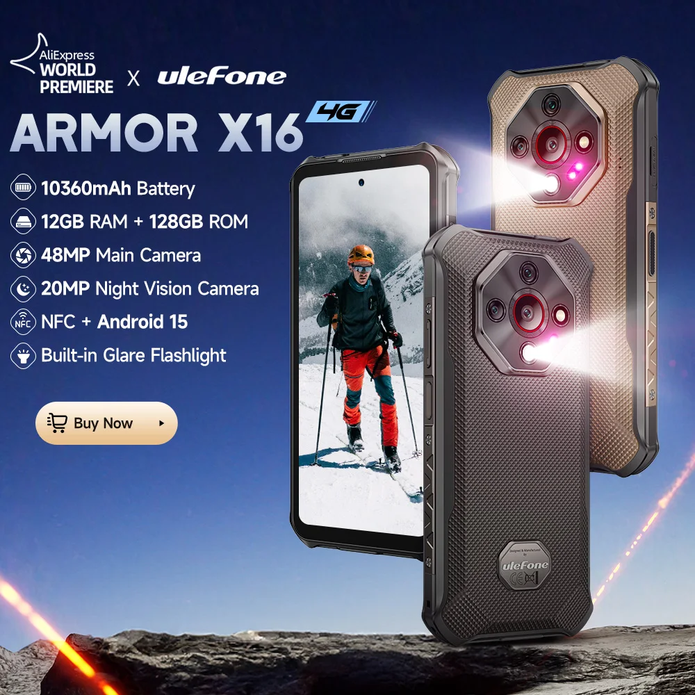 

【World Premiere】Ulefone Armor X16 4G Rugged Phone 10360mAh Battery 128 GB ROM 120Hz 6.56"NFC Android 15 Smartphone Night Camera