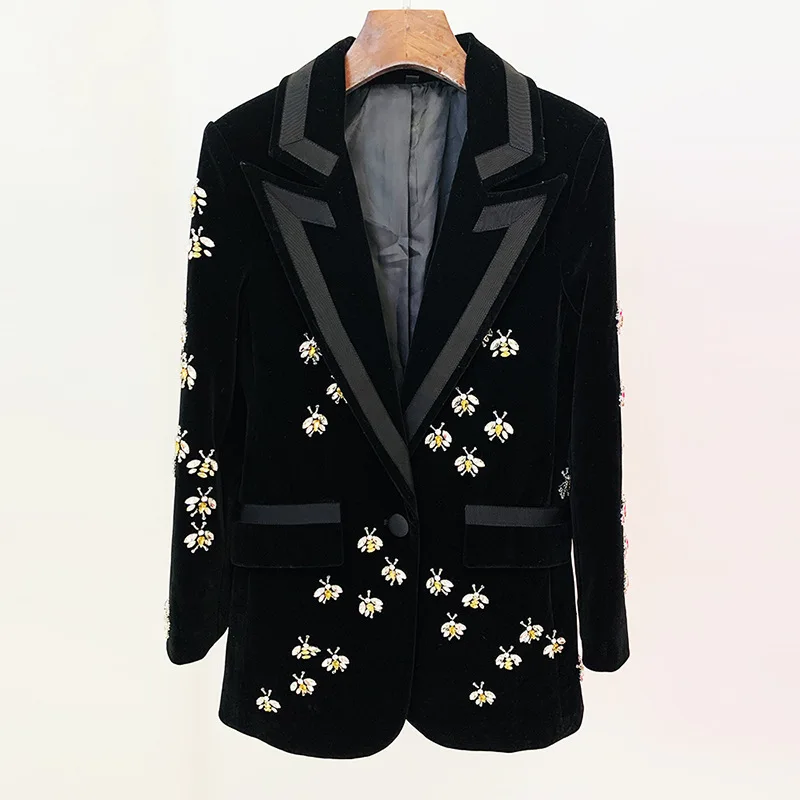 Autumn/Winter New Fashion Slim Fit Velvet Blazer with Bee Embellishments, Rhinestones & Beads - Celebrity Style