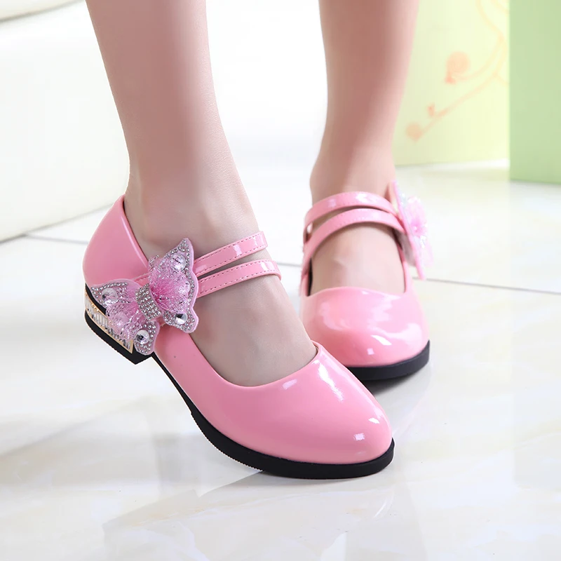 Fashion Bow Crystal Little Girls Patent Leather Shoes Kids Princess Party Dress Wedding School Shoe 4 5 6 7 8 9 10 11 12 13 Year