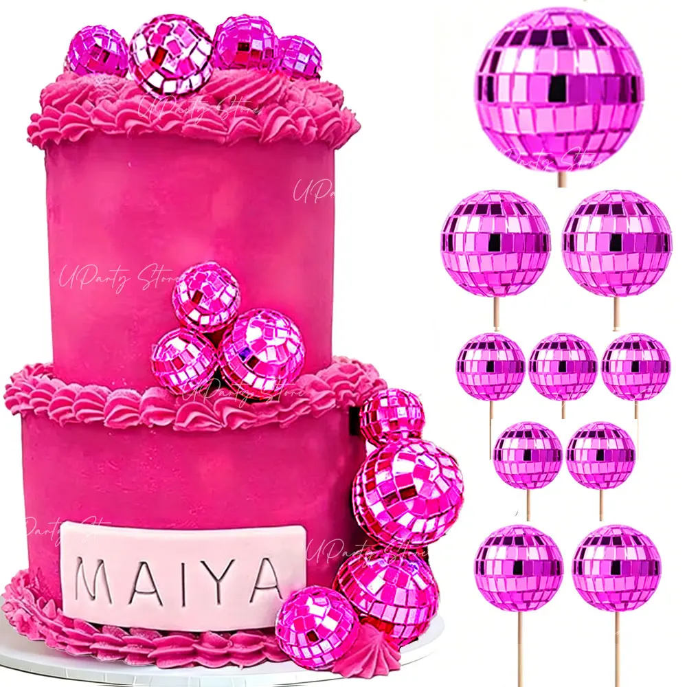 10pcs Hot Pink Disco Balls Cake Toppers 2-5cm Mirror Rose Pink Disco Balls Picks for Birthday Disco Birthday Party Cake Decor view 2