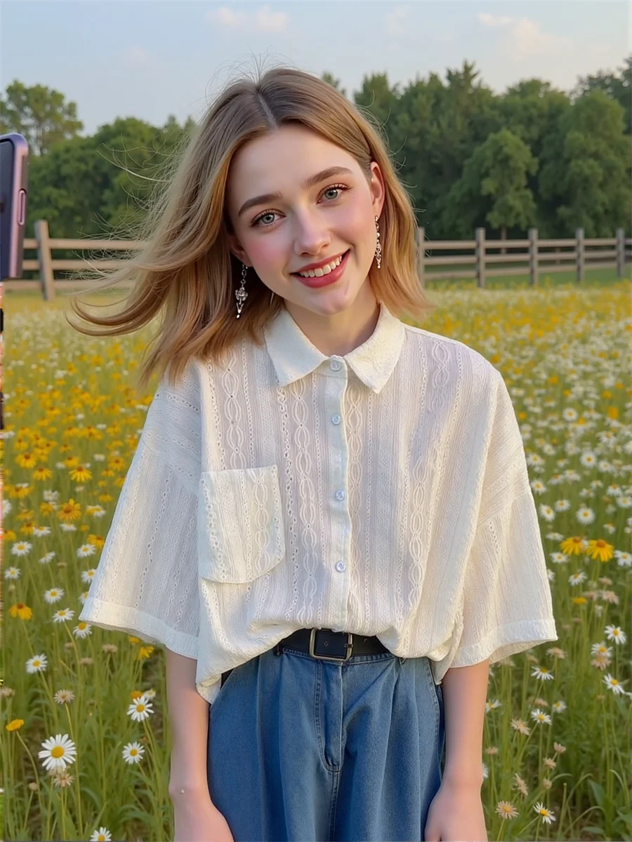 반팔 플러스 사이즈 여성 셔츠 클래식 스타일 의류 여성용 물방울 무늬 프린트 앞단추 달콤한 프레피 스타일