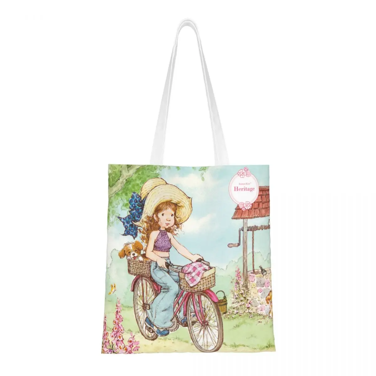 Cute Gir's Sarah Kay Tote Bag Country Girl Bike Ride Canvas Handbag Stylish For Women Cartoon Village Life Top Handle Bags