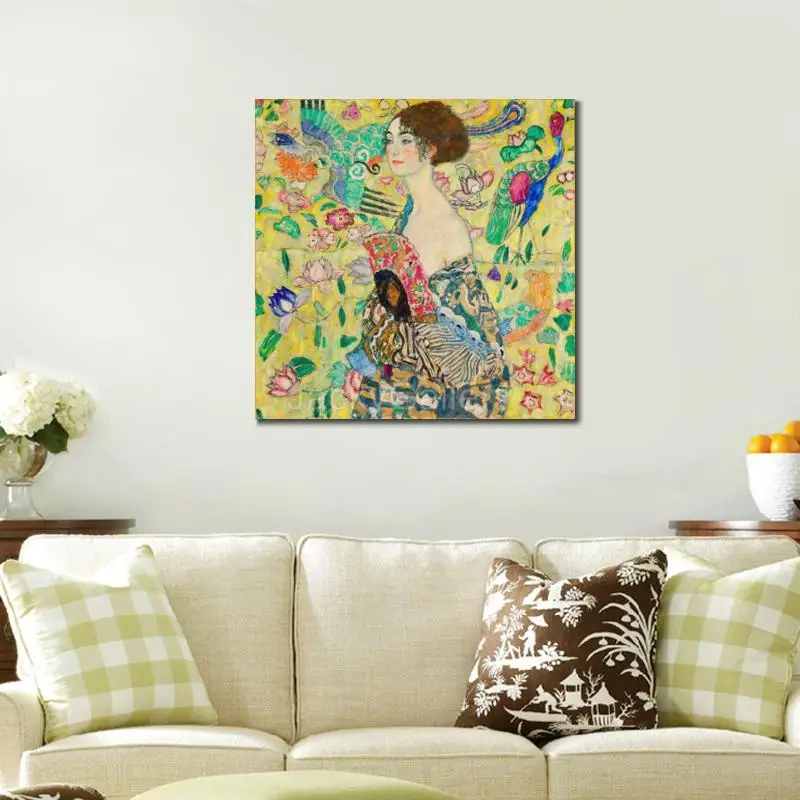 Large Size Landscape Lady with Fan Square Symbolism Oil Painting Canvas Gustav Klimt Hand Painted Masterpiece for Bar Display