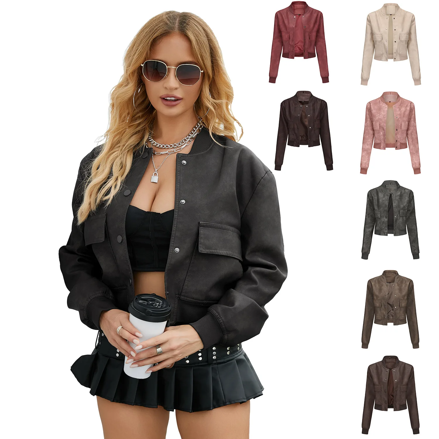 Spring Autumn Women\'s Jacket Loose Cardigan Jacket Female Sweat Jacket Ribbed Shrink Leather Jacket Women Single-breasted Coats