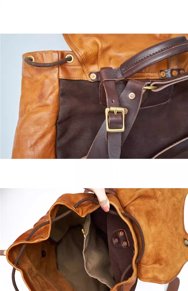 Mochila De piel auténtica para hombre, morral escolar de gran capacidad, hecho a mano, natural, ideal para viajes al aire libre, fin de semana