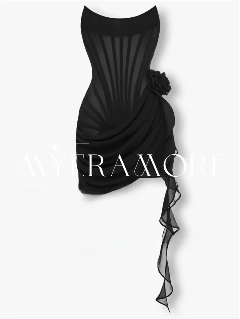 Vestidos de fiesta cortos con purpurina negra sexy, vestido de fiesta ajustado sin tirantes para discoteca, vestidos de cóctel con volantes, vestidos personalizados