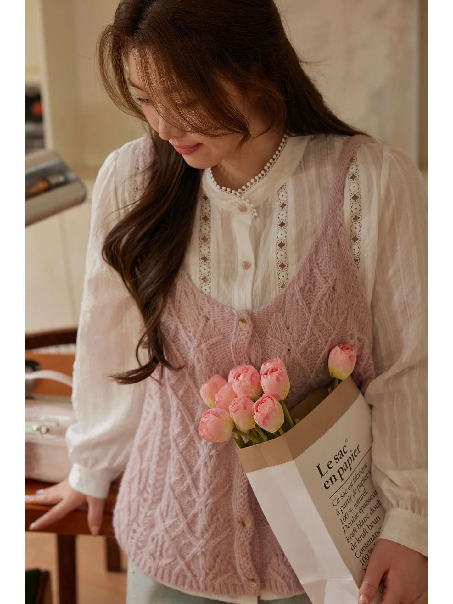 

plus Size Knitted Vest Pink Slimming Me Design Spring New Sle Agel Ladies Faion French Sle Loose Fit Long Sve V...