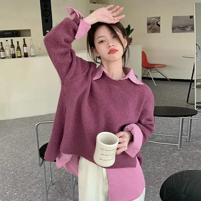 

Women Suits 2022 New Spring Autumn Korean Sweet O-Neck Full Casual Sweater Full Sleeve Blouse 2 Piece Set All-match