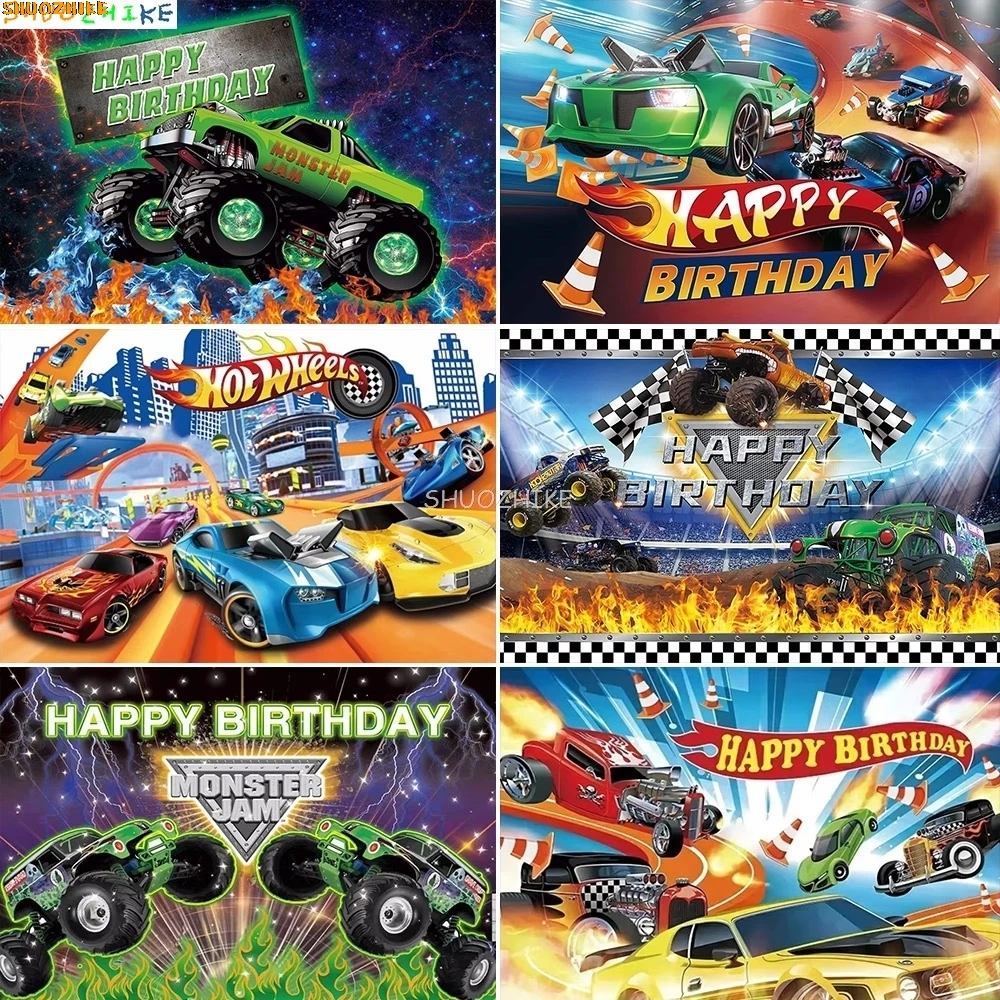 

Racing Car Theme Photography Backdrop Hot Wheels Wild Racer Boy 1st Birthday Decor Children Photo Studio Background DV-01
