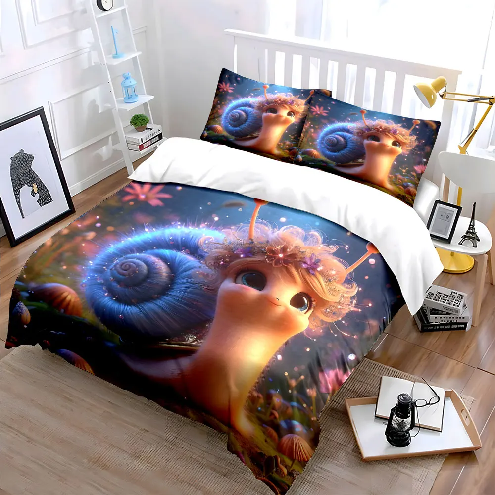 Fantasy Fairy Snail in Floral Forest Print Bedding Set 1Duvet Cover 2 Pillowcases for Adult and Children Luxury Gift Full Size