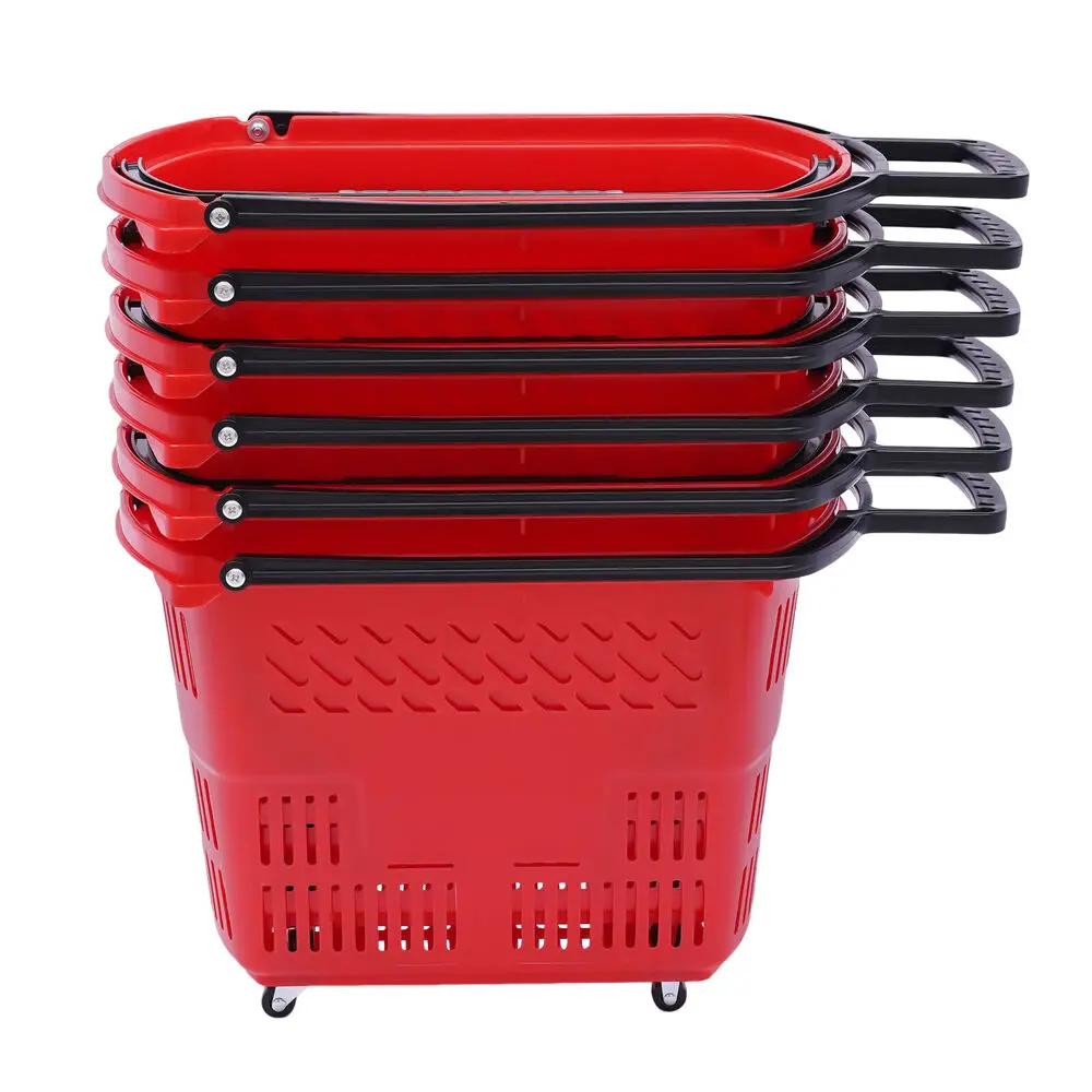 6Pcs Red Plastic Rolling Shopping Baskets with Handle 35L