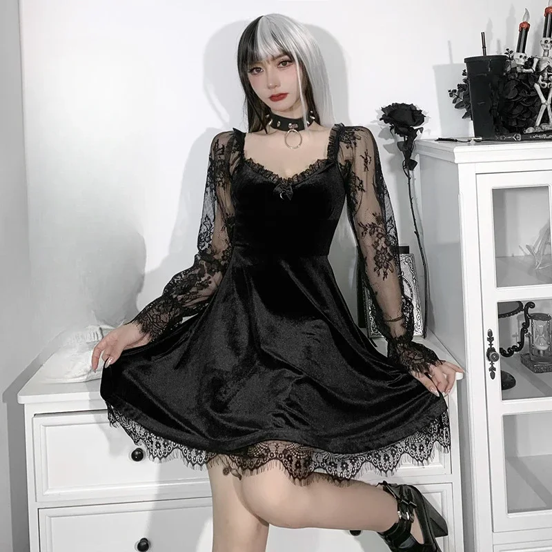 Abito gotico da donna Nero scuro Elegante Vestido De Festa Vintage Punk Abiti da festa Abiti Maniche in pizzo Abito Streetwear Moda