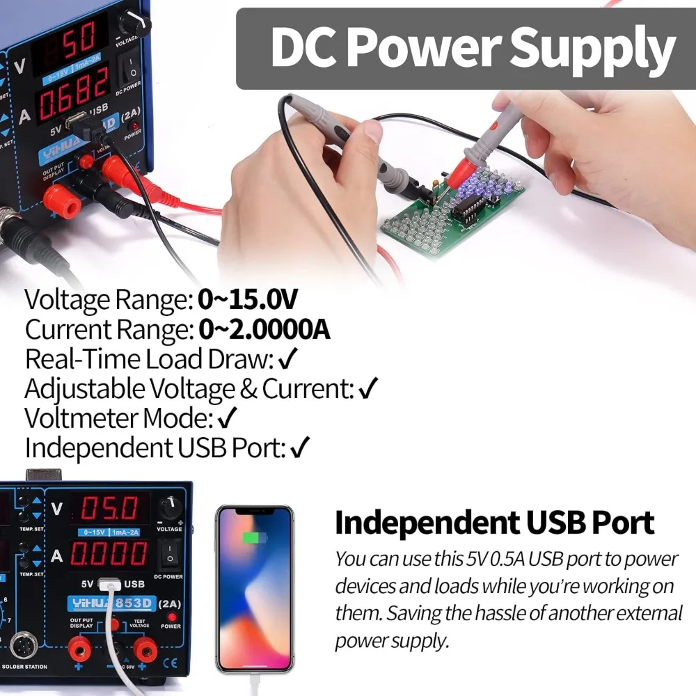 Estação de ferro de solda de retrabalho de ar quente, fonte de alimentação DC 0-15V 0-2A com porta de carregamento USB de 5V e medidor de teste de tensão DC de 35 volts