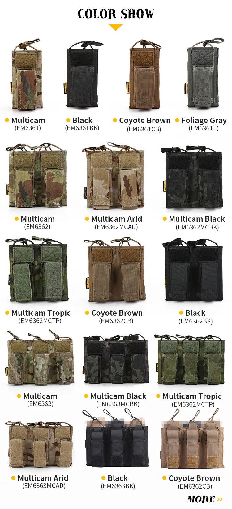 Emersongear EM6363 Open Top Triple Mag Pouch MOLLE Tactical Magazine Holder Fits 5.56 & Pistol Mag Airsoft Gear