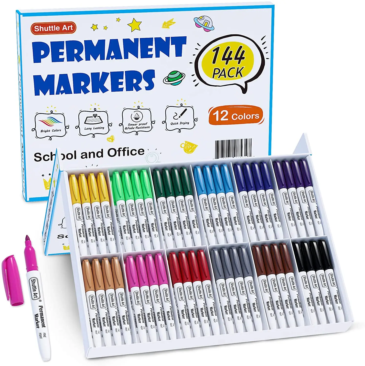 Shuttle Art 144 Pack Permanent Markers, Permanent Marker Assorted Colors, 12 Bright Colors Fine Point Permanent Markers For Kids and Adult Coloring on Wood, Stone, Glass as Office, School Supplies