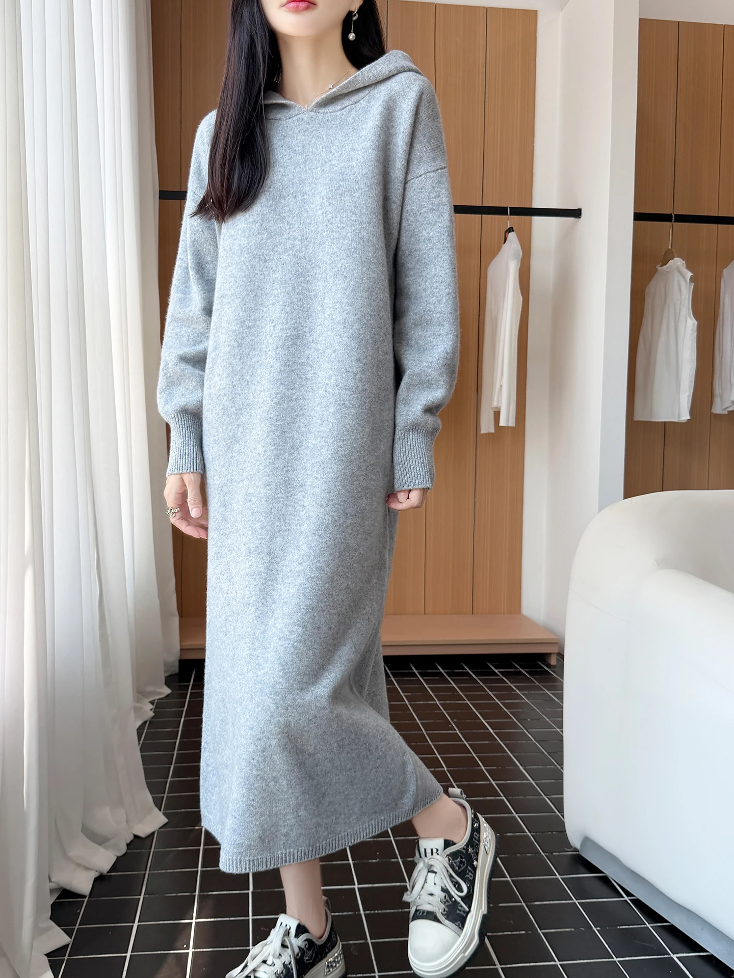 Women 100% Merino Wool Hooded Sweater Dress Long Sleeve Knitted Maxi Pullover Autumn Winter Warm Casual Loose Jumper Gown
