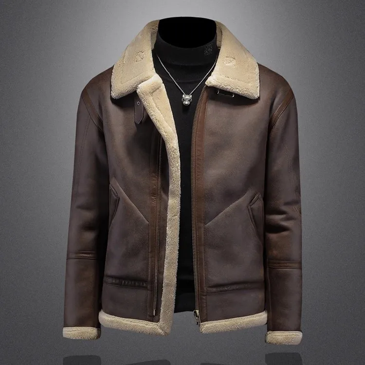 Men's Winter Thickened Fleece Lined Suede Jacket Leather And Fur Integrated Loose Fit Warm Outerwear Casual Style Zipper Closure