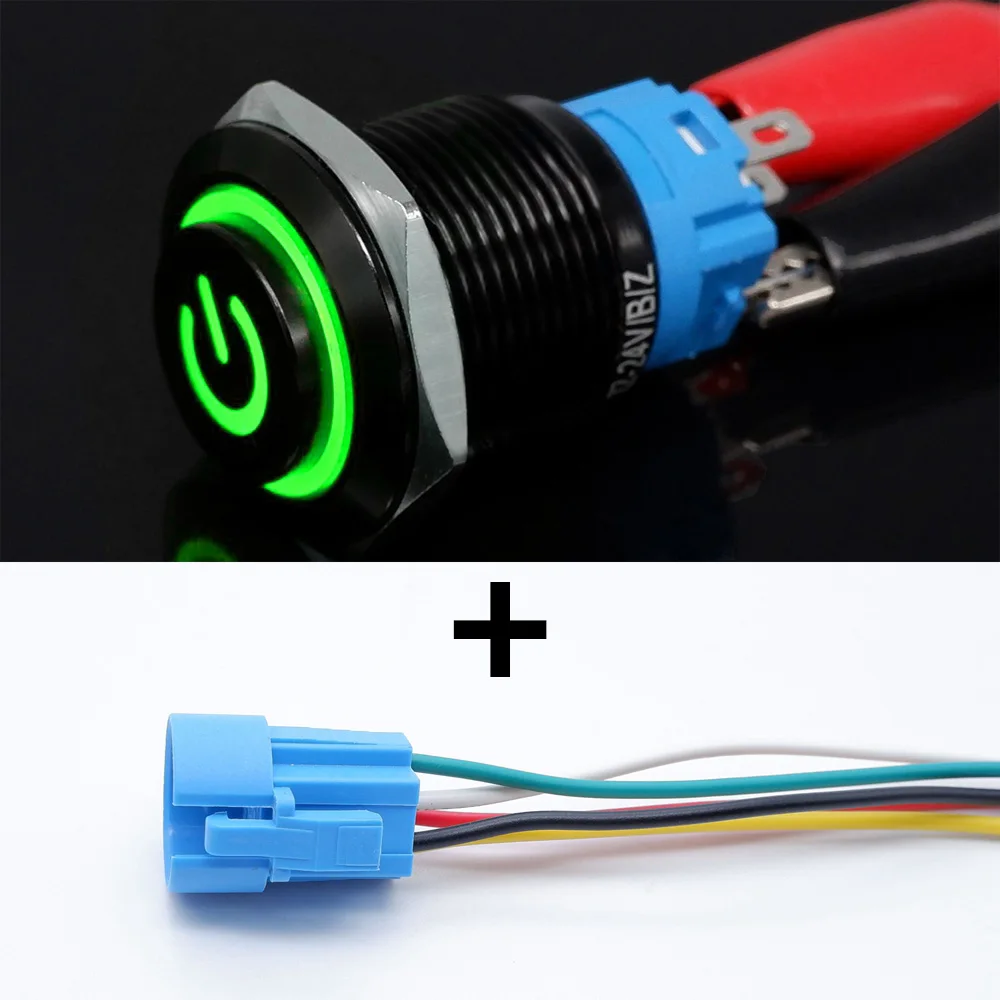 Interruptor de botão preto 16mm 19mm 22mm luz led à prova d'água iluminado metal com alimentação fixa pc start stop 3v 5v 12v 24v 220v