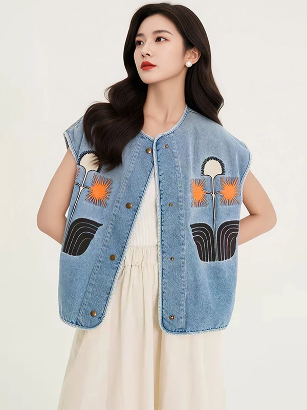 

Neutral Summer Gradient Denim Sunflower Embroidery Sleeveless round Neck Vest Top for Men And Women Cotton 100% round Neck De...
