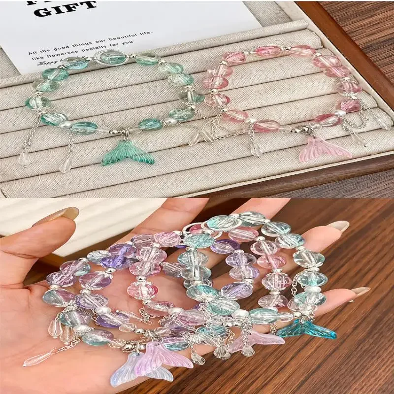الكورية الوردي كريستال الزهور عقد بحلية متدلية على شكل فراشة سوار مُزين بالخرز للنساء الحلو الخرز سلسلة أساور صديقة مجوهرات هدايا #1