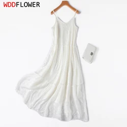 Women Chemise Dress 100% Mulberry Silk With Lining Embroidery White Spaghetti Straps Big Hem Slip Summer Beach M L XL M1087