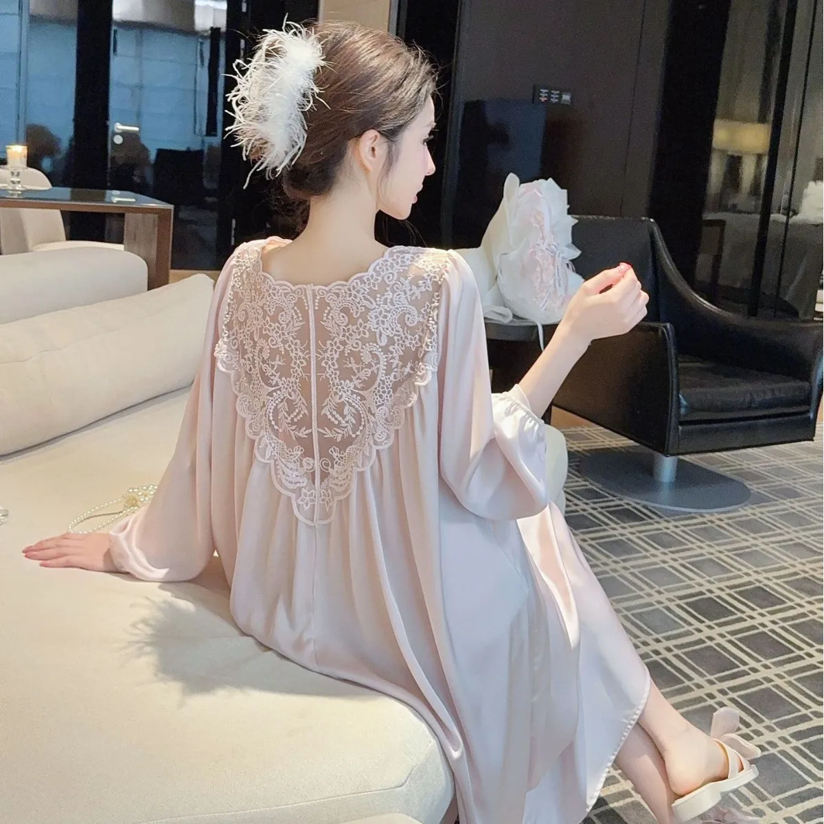 Plus Size Pajamas Lace Hollow Backless Nightgown Women Ice Silk Long Sleeve Pure Desire Loungewear Can Wear Out Advanced Sense