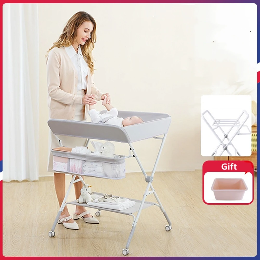 طاولة تغيير الحفاضات المحمولة مع عجلات لمحطة تغيير الحفاضات المتنقلة القابلة للطي مع ارتفاع قابل للتعديل وتخزين كبير #1