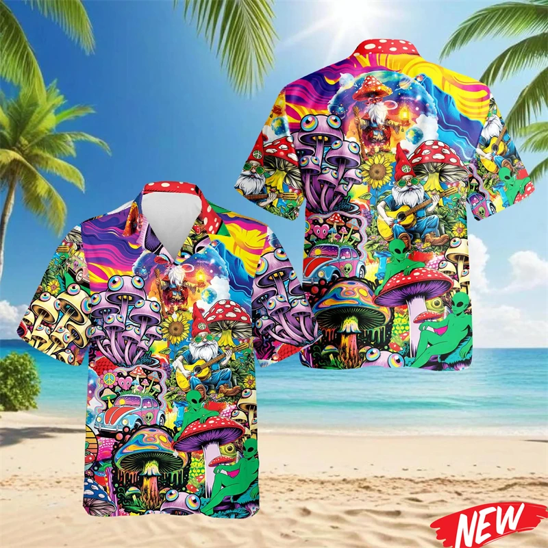 

Colorful Mushroom Hawaiian Shirt Men Vacation Beach Short Sleeve Button Shirts Street Party 3d Printed Plants Lapel Blouse