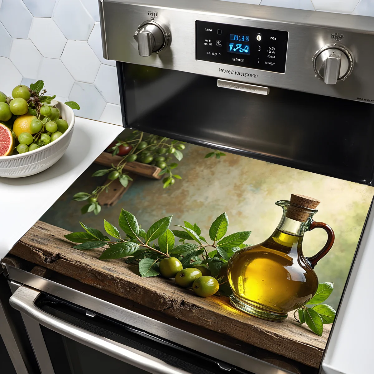 Protetor de Fogão Elétrico Resistente ao Calor com Design de Azeite, Ervas e Frutas, Tapete Protetor de Bancada de Cozinha, Almofada de Secagem de Louça de Cerâmica