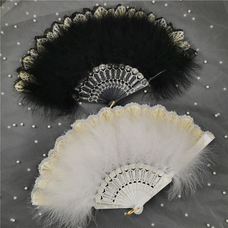 Japonês Folding Feather Lolita Fan, Dark Gothic Dance Hand Fan, Acessórios Traje Bonito, Arte Artesanato Presente, Decoração Festa de Casamento