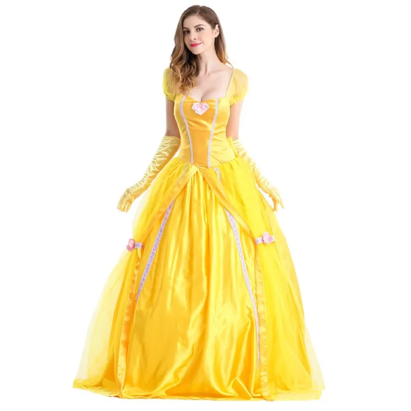 Halloween costume, beautiful woman and beast, movie and television character, Princess Belle, yellow dress, dress, game uniform