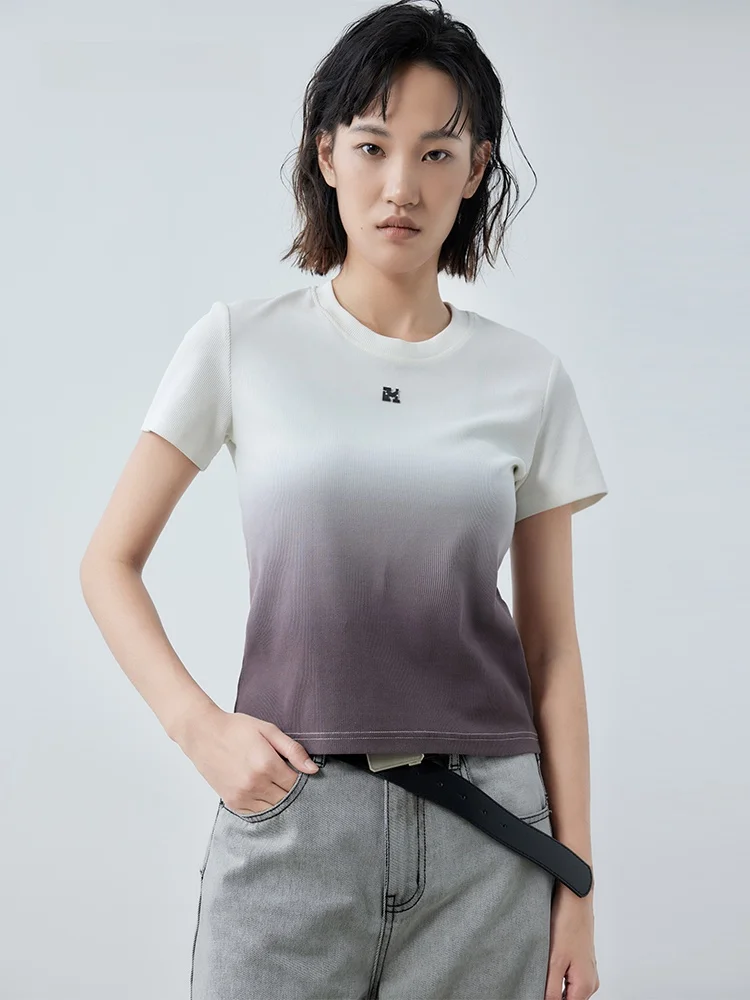 Spring New adual Dyeing ort Sve T-irt Women's Slim Fit round Ne Top XMOOM2025 Commute Sle Cotton Polyester Blend