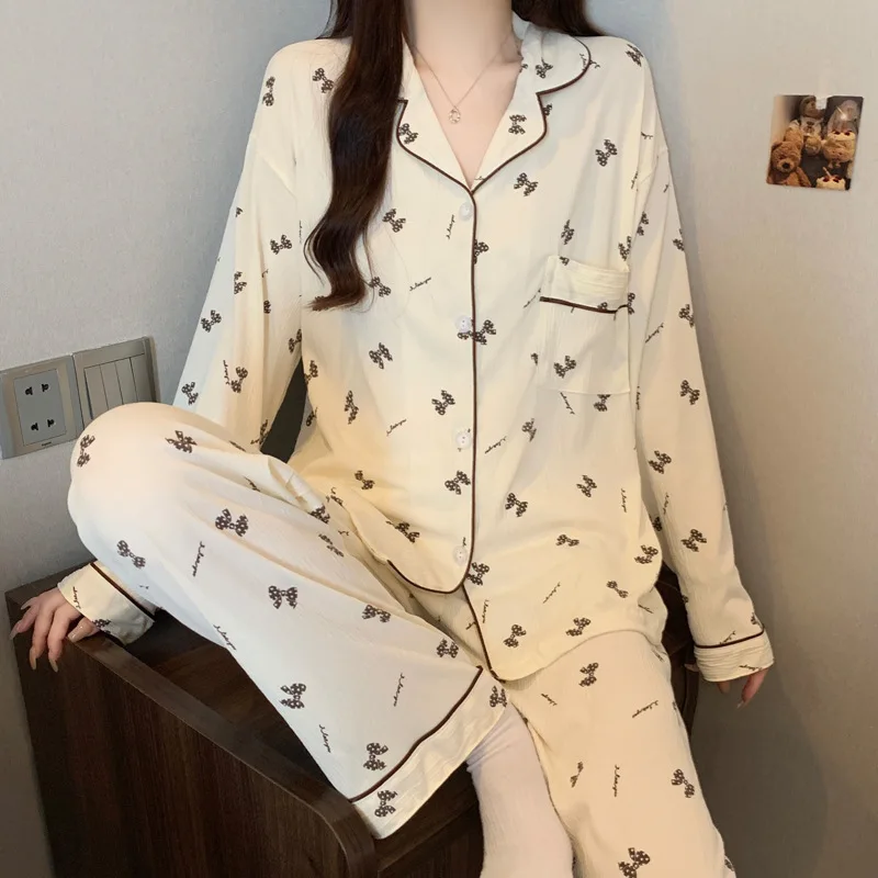 The New Japanese Bow Ins Style Casual Sweet Wrinkled Cloth Pajamas Female Spring and Fall Long-Sleeved Long Pants Homewear Suit