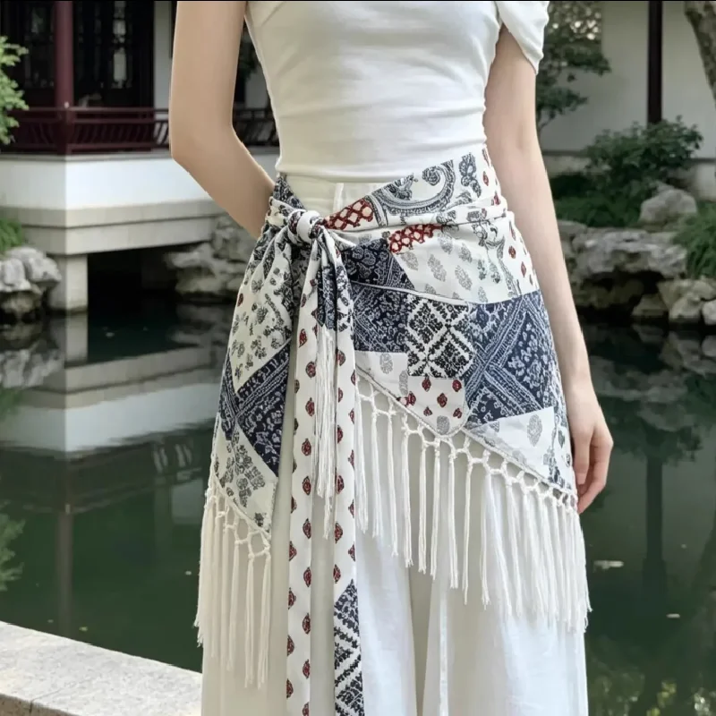 Triangular Belt Scarf Ladies Girdle accessories Pleated Curtain Retro Multi-color Matching Floral Print assel waistband