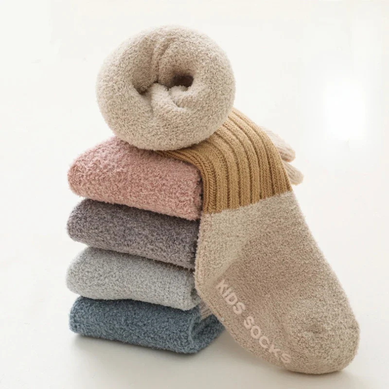 Winter Baby Girls Boys Coral Fleece Socks Macaron Color Stitching Plush Thickening Sock Silicone Bottom Non-slip Newborn Toddler