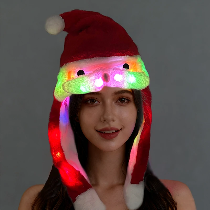 Gorro de Papá Noel de felpa brillante con orejas móviles, gorros bonitos para Cosplay, gorro de Navidad de felpa luminoso para niños, mujeres y niñas, regalo de Navidad