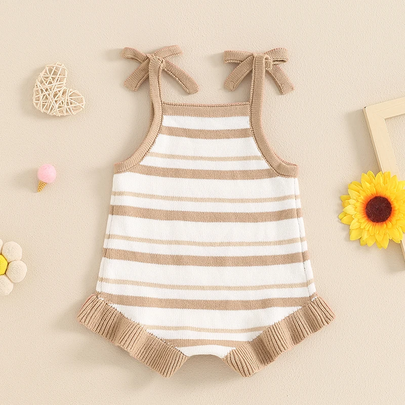 Summer Baby Clothing Newborn Infant Baby Girls Rompers Cute Sleeveless Bow Strap Ruffle Bodysuit Jumpsuit Stripe Outfits