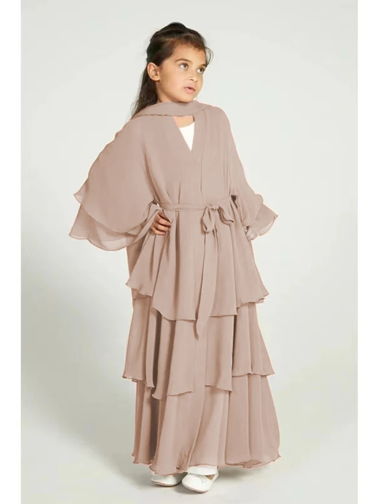 Ramadan Eid Muslim Sweet Girl Abaya Chiffon 3 Layers Cake Dress Kids Abayas Dubai Arabic Islam Abayas Children Robe Cardigan